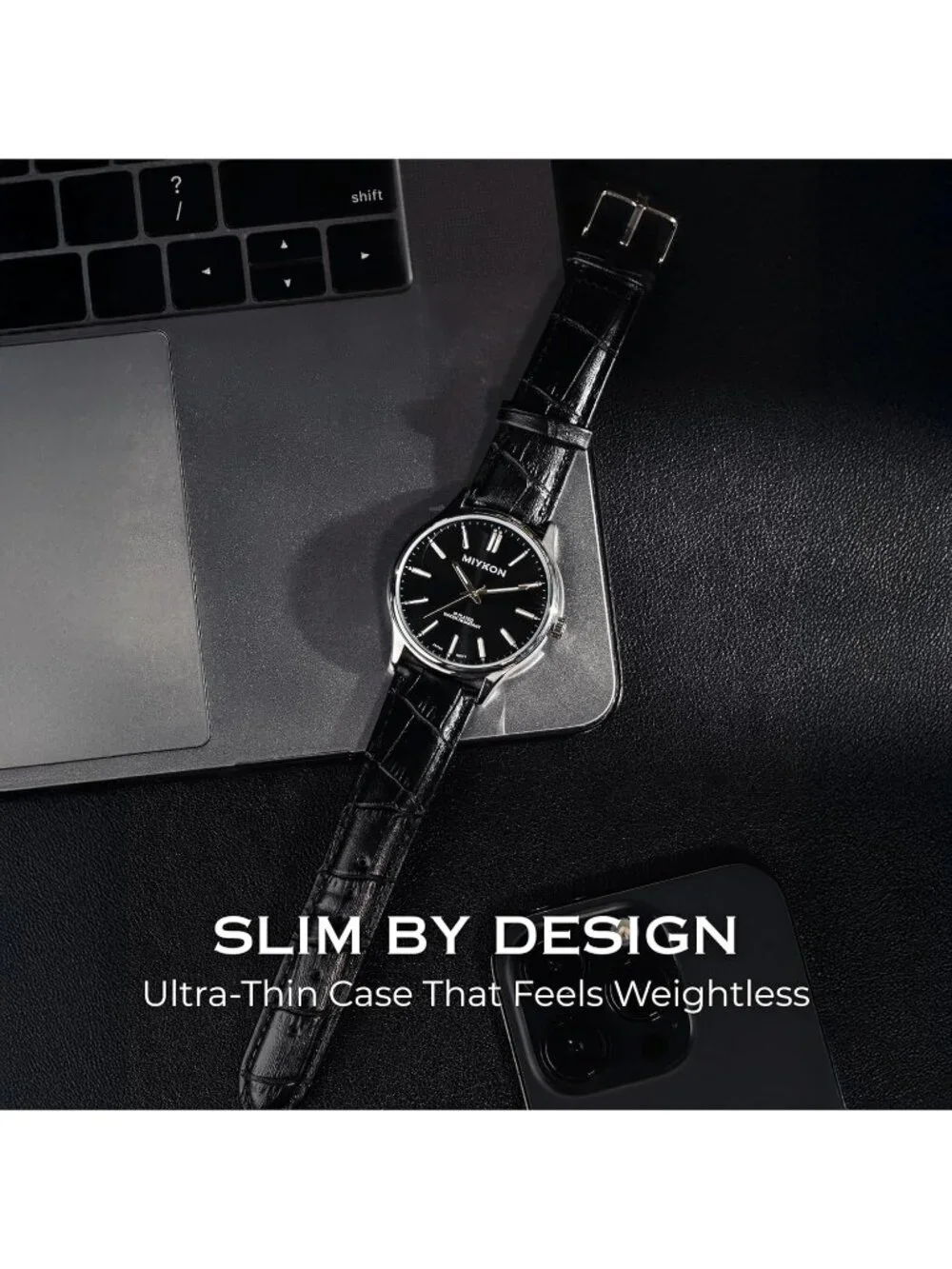 Men's Black And Silver Analog Leather Strap Ultra-Thin Waterproof Classic Watch
